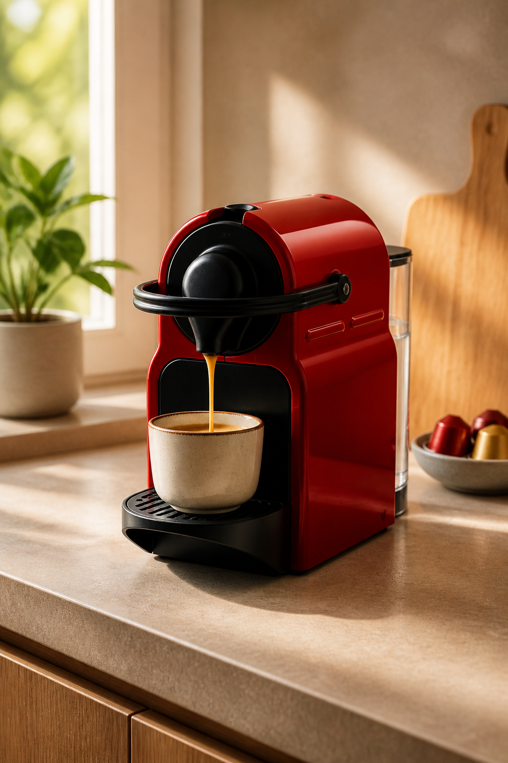 Mutfak tezgâhında espresso hazırlayan kırmızı kapsül kahve makinesi